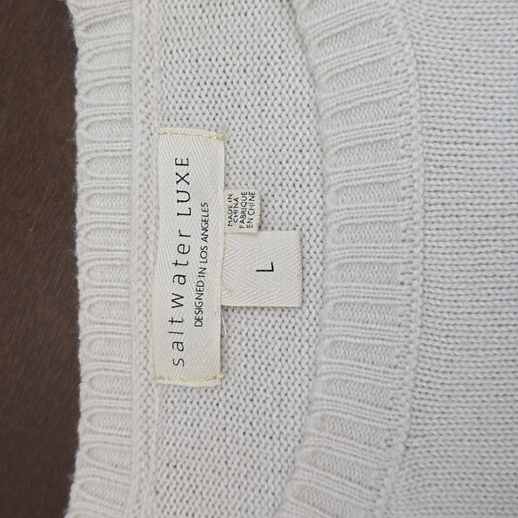 SALTWATER LUXE Crew Neck Sz L Sweater Cream Yellow Tan Blue Text Sun Sand Surf - Picture 2 of 6